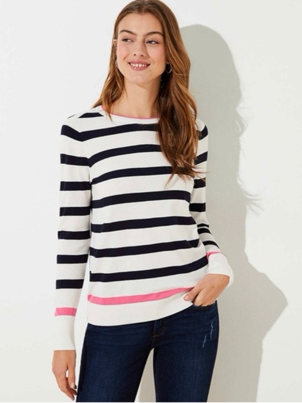 LOFT Navy and White Striped Tee with Pink Trim